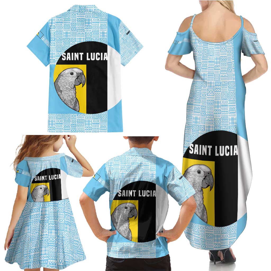Saint Lucia Graphic Parrot Family Matching Summer Maxi Dress and Hawaiian Shirt with Tribal Pattern and Minimalist Blue Black Design - Wonder Print Shop