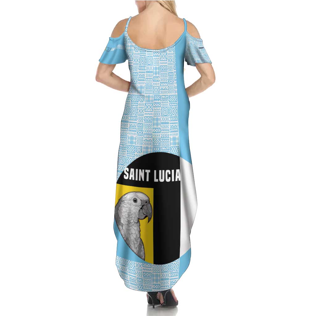 Saint Lucia Graphic Parrot Family Matching Summer Maxi Dress and Hawaiian Shirt with Tribal Pattern and Minimalist Blue Black Design - Wonder Print Shop