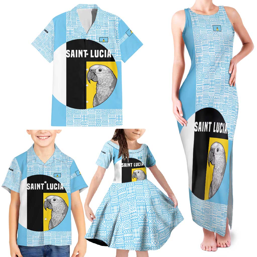 Saint Lucia Graphic Parrot Family Matching Tank Maxi Dress and Hawaiian Shirt with Tribal Pattern and Minimalist Blue Black Design - Wonder Print Shop