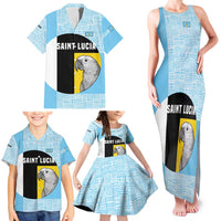 Saint Lucia Graphic Parrot Family Matching Tank Maxi Dress and Hawaiian Shirt with Tribal Pattern and Minimalist Blue Black Design - Wonder Print Shop
