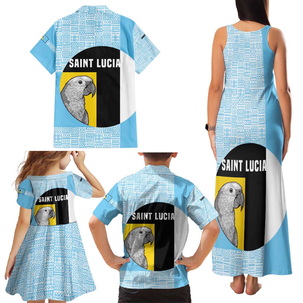 Saint Lucia Graphic Parrot Family Matching Tank Maxi Dress and Hawaiian Shirt with Tribal Pattern and Minimalist Blue Black Design - Wonder Print Shop