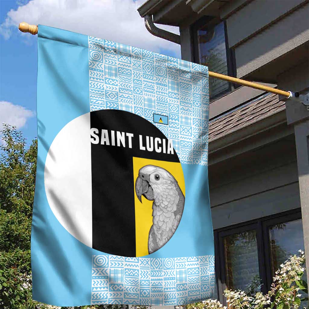 Saint Lucia Graphic Parrot Garden Flag with Tribal Pattern and Minimalist Blue Black Design - Wonder Print Shop
