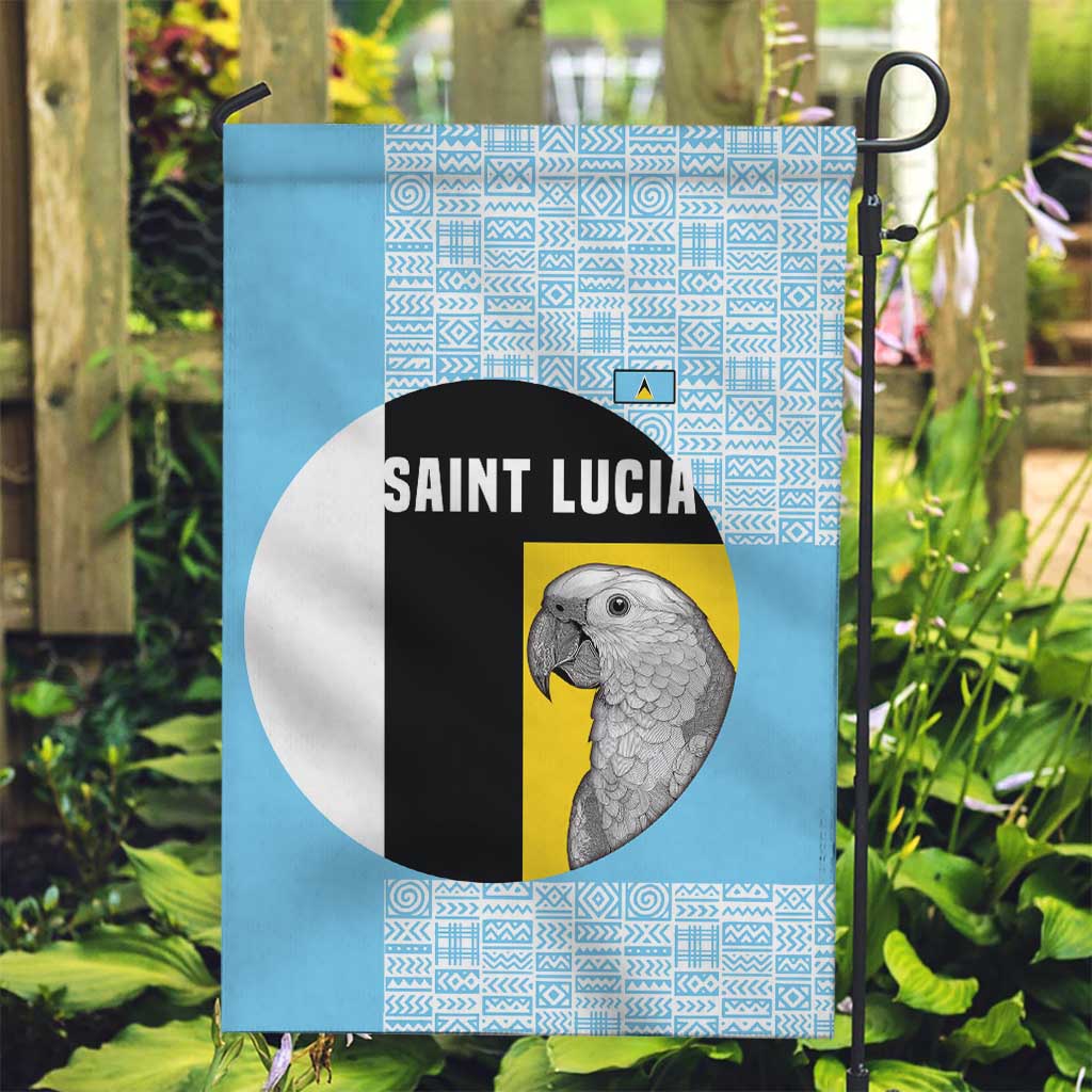 Saint Lucia Graphic Parrot Garden Flag with Tribal Pattern and Minimalist Blue Black Design - Wonder Print Shop