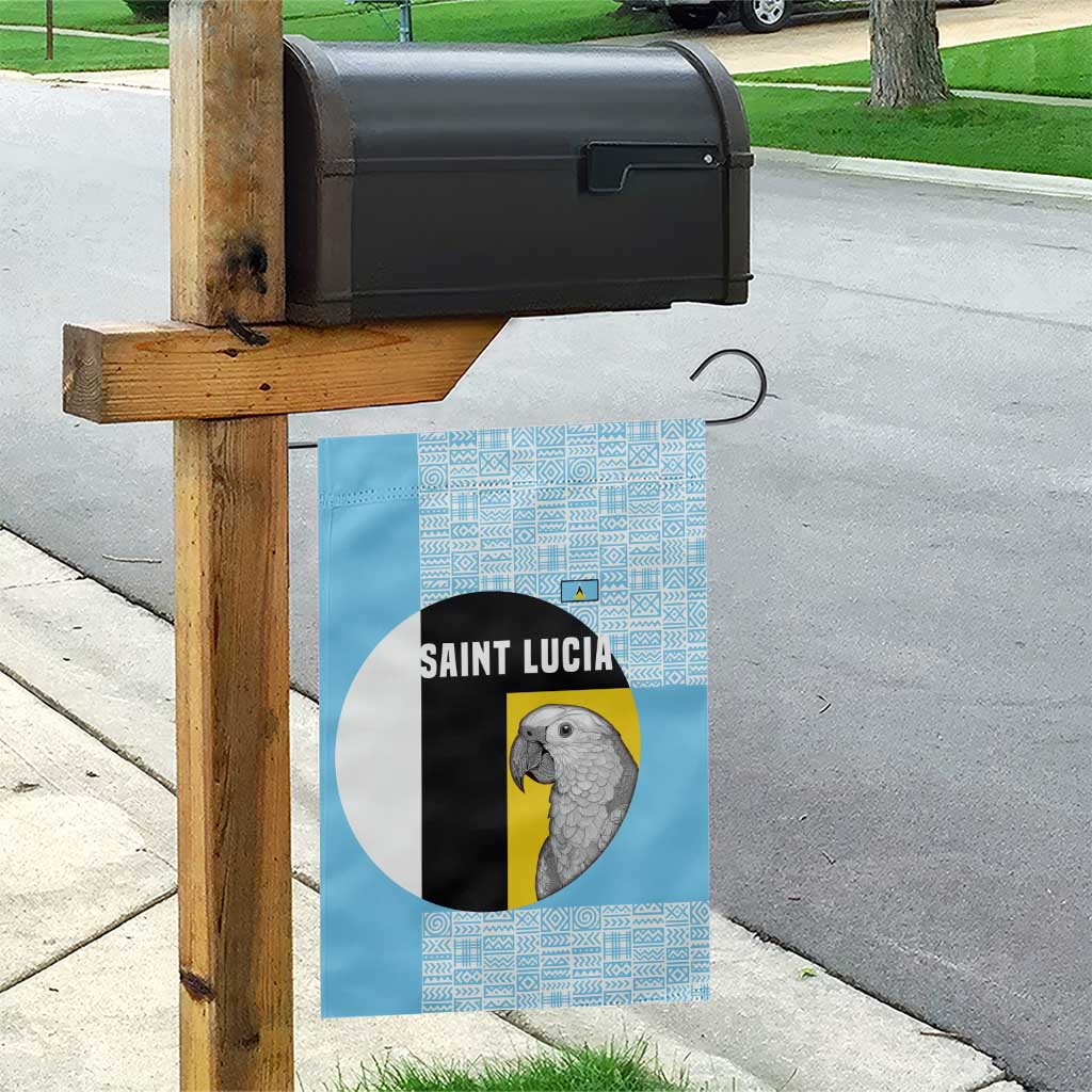 Saint Lucia Graphic Parrot Garden Flag with Tribal Pattern and Minimalist Blue Black Design - Wonder Print Shop