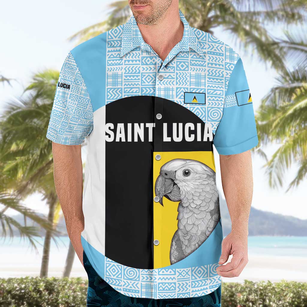 Saint Lucia Graphic Parrot Hawaiian Shirt with Tribal Pattern and Minimalist Blue Black Design - Wonder Print Shop