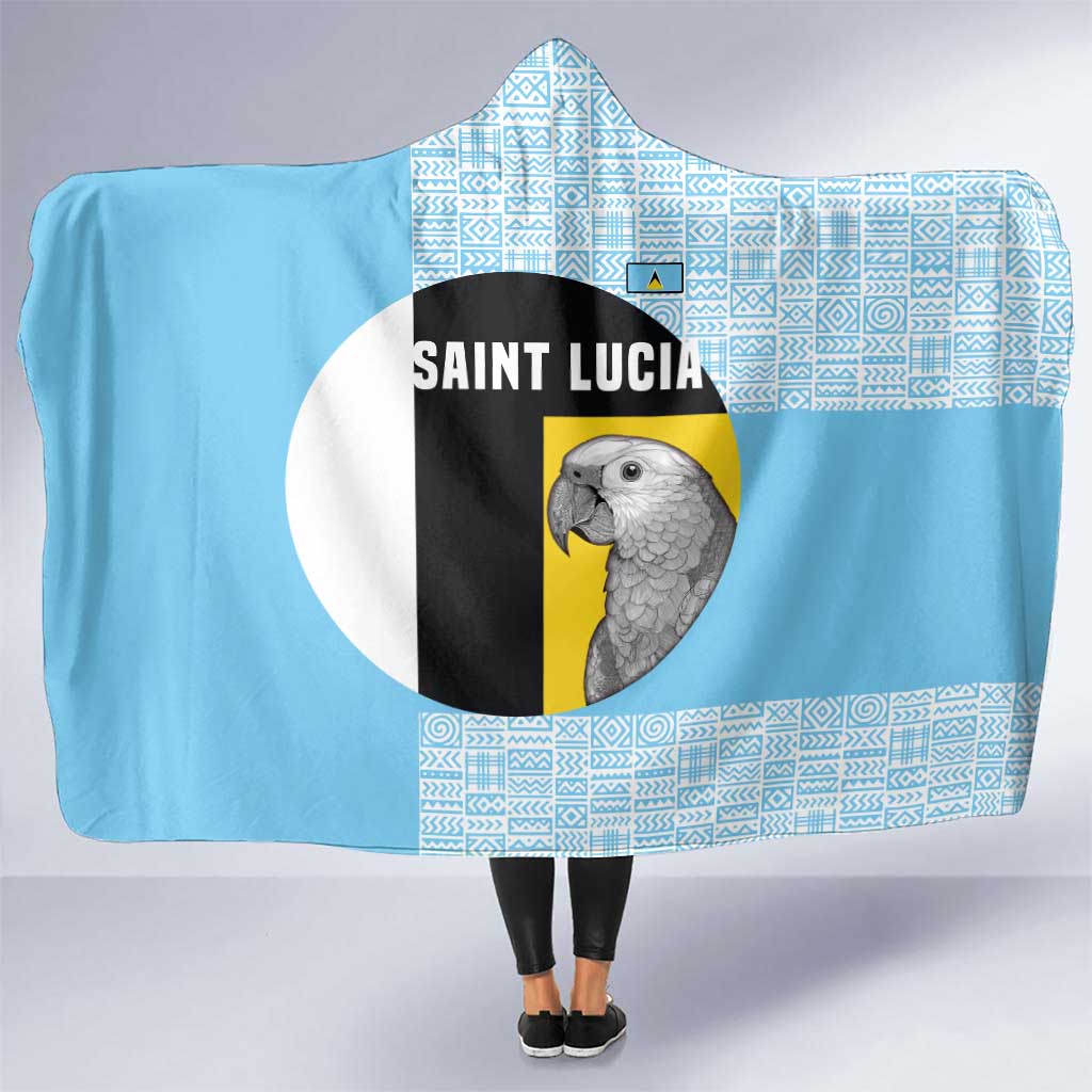 Saint Lucia Graphic Parrot Hooded Blanket with Tribal Pattern and Minimalist Blue Black Design - Wonder Print Shop