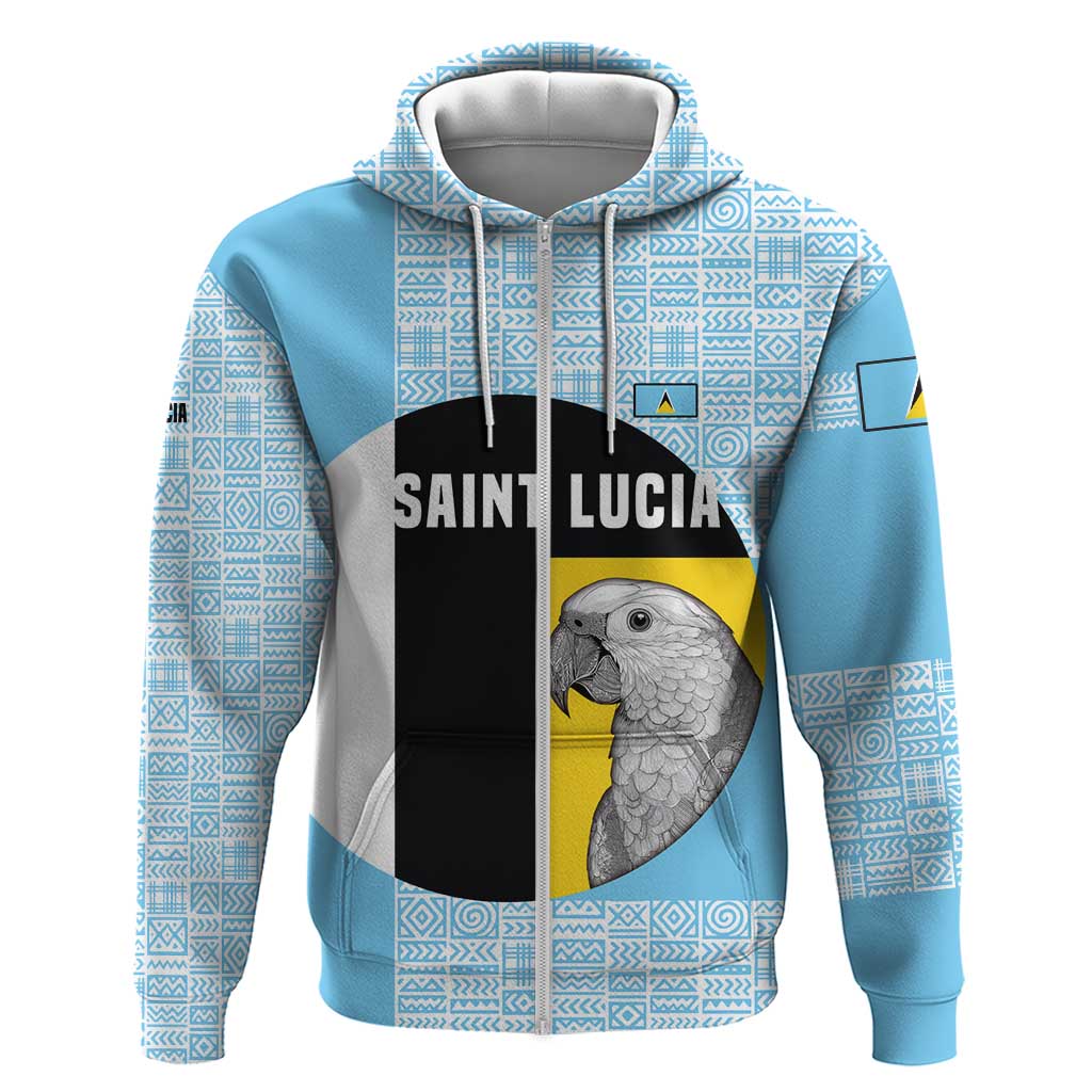 Saint Lucia Graphic Parrot Hoodie with Tribal Pattern and Minimalist Blue Black Design - Wonder Print Shop