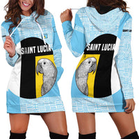 Saint Lucia Graphic Parrot Hoodie Dress with Tribal Pattern and Minimalist Blue Black Design - Wonder Print Shop
