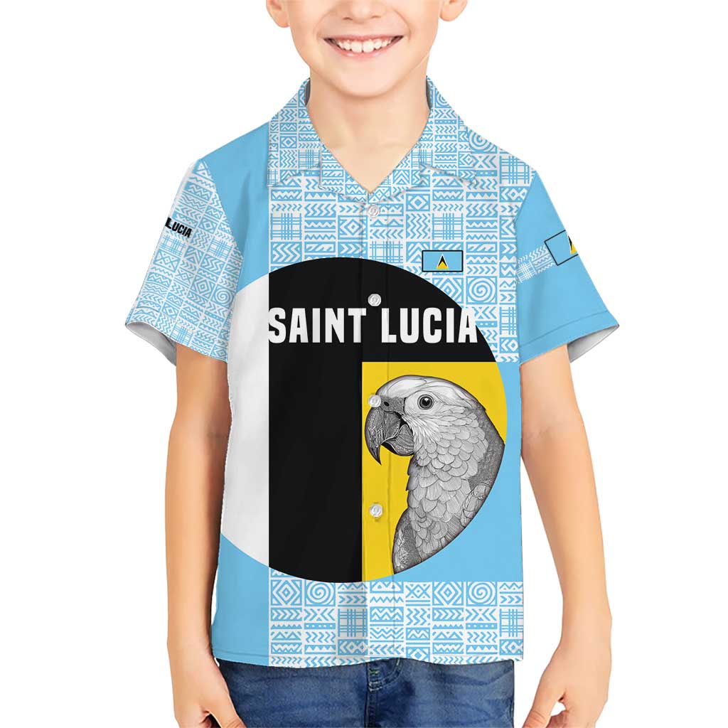 Saint Lucia Graphic Parrot Kid Hawaiian Shirt with Tribal Pattern and Minimalist Blue Black Design - Wonder Print Shop