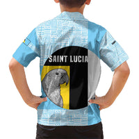 Saint Lucia Graphic Parrot Kid Hawaiian Shirt with Tribal Pattern and Minimalist Blue Black Design - Wonder Print Shop