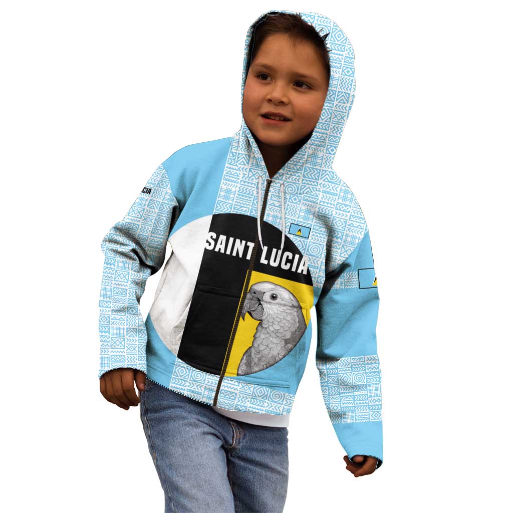 Saint Lucia Graphic Parrot Kid Hoodie with Tribal Pattern and Minimalist Blue Black Design - Wonder Print Shop