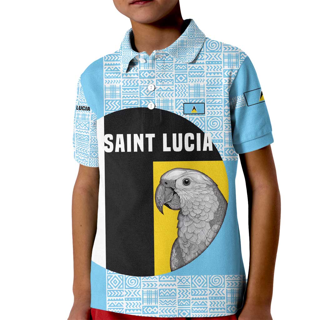 Saint Lucia Graphic Parrot Kid Polo Shirt with Tribal Pattern and Minimalist Blue Black Design - Wonder Print Shop