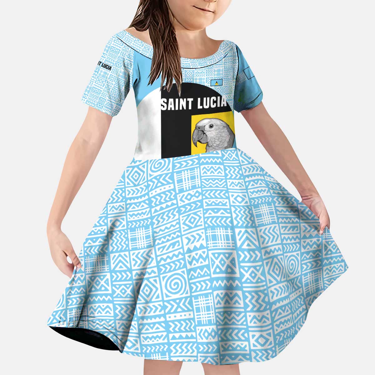 Saint Lucia Graphic Parrot Kid Short Sleeve Dress with Tribal Pattern and Minimalist Blue Black Design - Wonder Print Shop