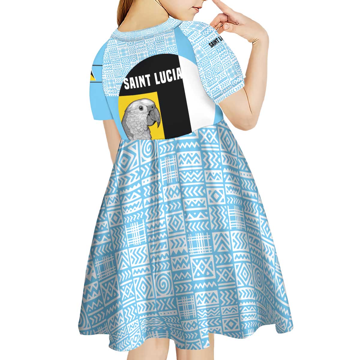 Saint Lucia Graphic Parrot Kid Short Sleeve Dress with Tribal Pattern and Minimalist Blue Black Design - Wonder Print Shop