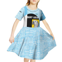 Saint Lucia Graphic Parrot Kid Short Sleeve Dress with Tribal Pattern and Minimalist Blue Black Design - Wonder Print Shop