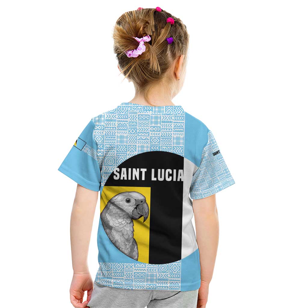 Saint Lucia Graphic Parrot Kid T Shirt with Tribal Pattern and Minimalist Blue Black Design - Wonder Print Shop