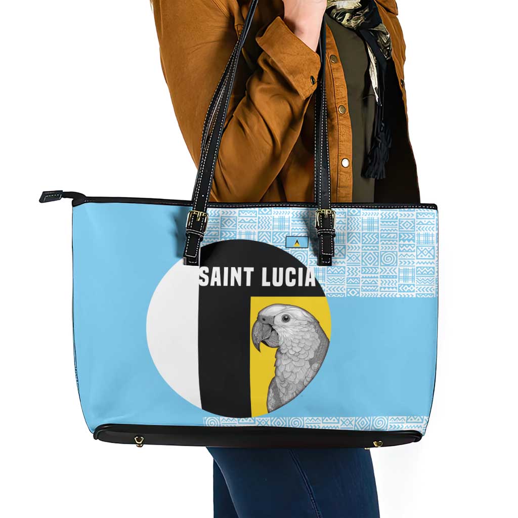 Saint Lucia Graphic Parrot Leather Tote Bag with Tribal Pattern and Minimalist Blue Black Design - Wonder Print Shop