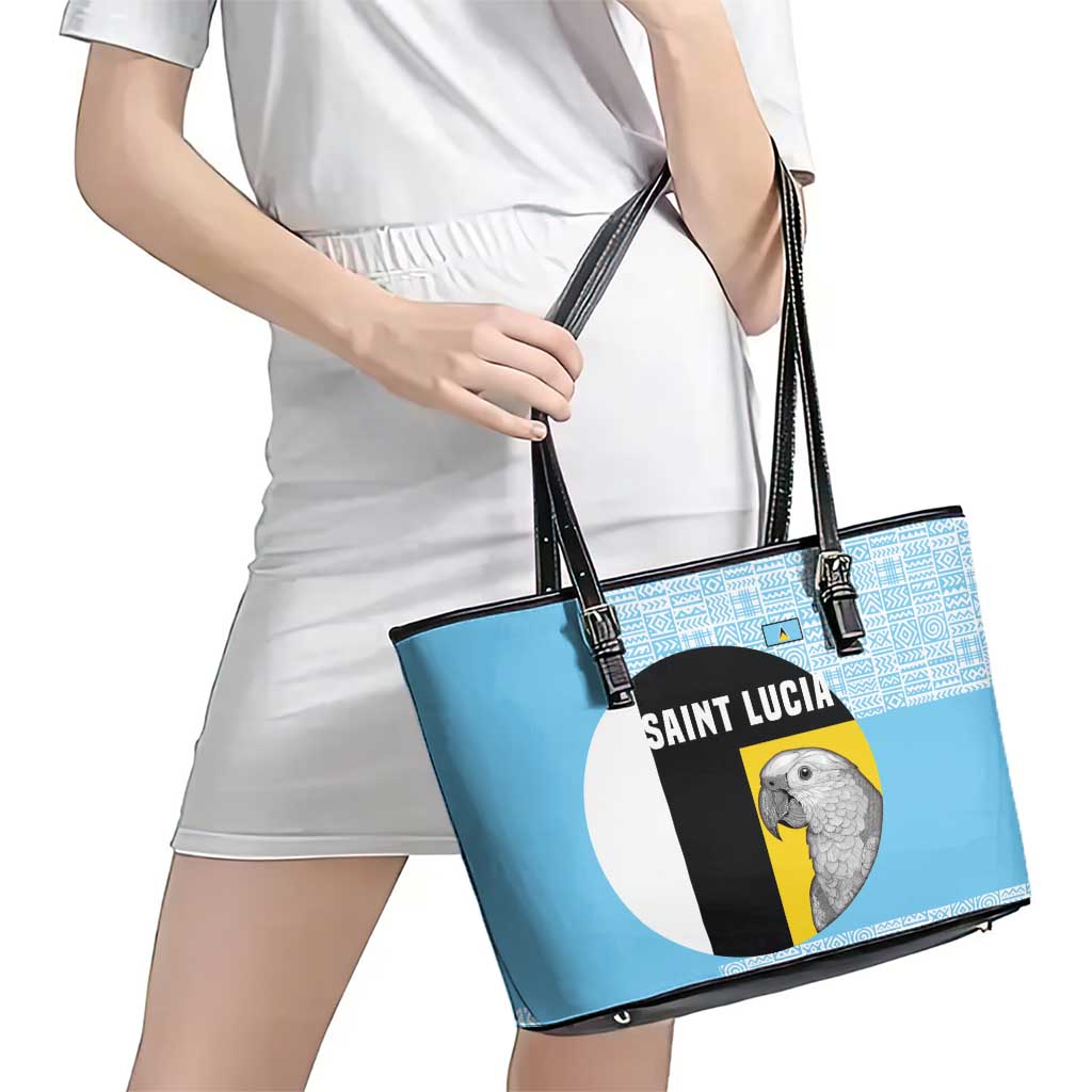 Saint Lucia Graphic Parrot Leather Tote Bag with Tribal Pattern and Minimalist Blue Black Design - Wonder Print Shop