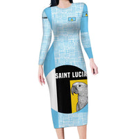 Saint Lucia Graphic Parrot Long Sleeve Bodycon Dress with Tribal Pattern and Minimalist Blue Black Design - Wonder Print Shop