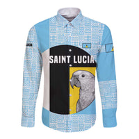 Saint Lucia Graphic Parrot Long Sleeve Button Shirt with Tribal Pattern and Minimalist Blue Black Design - Wonder Print Shop