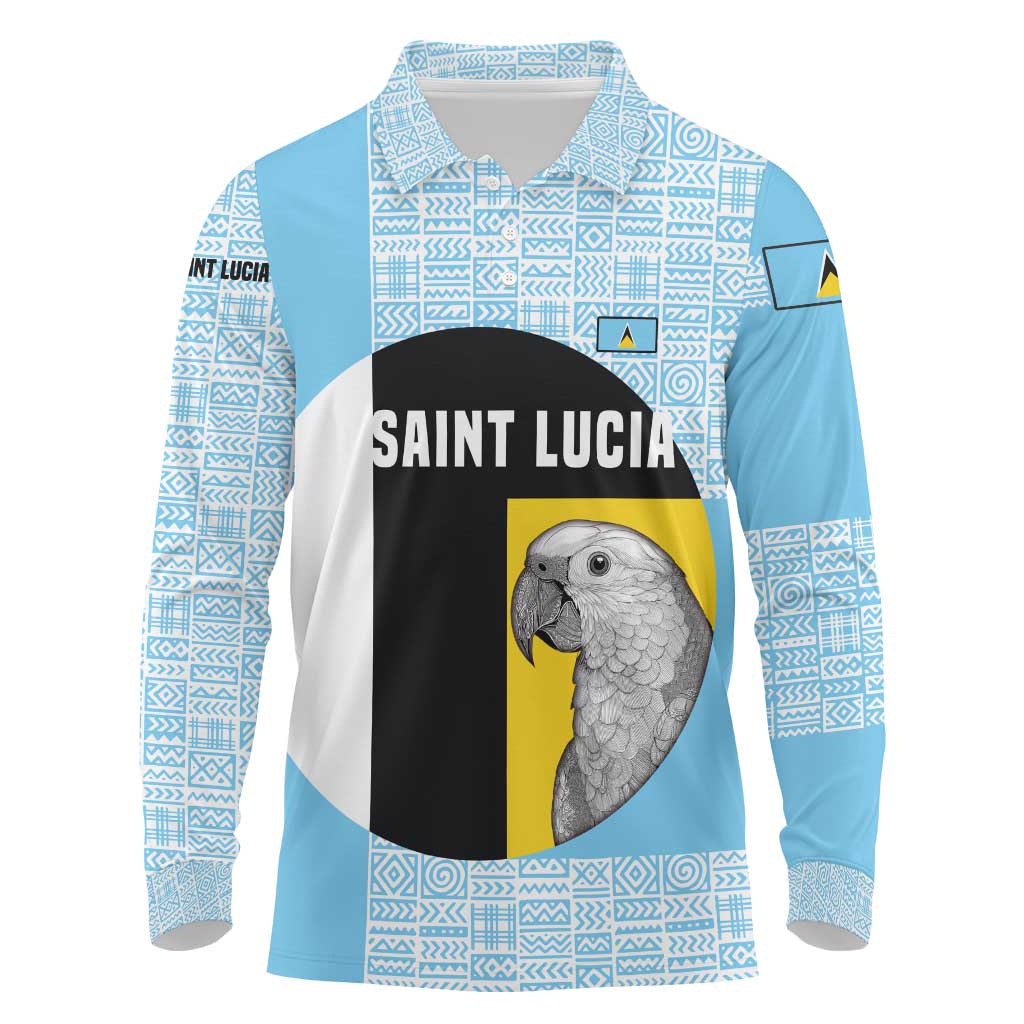 Saint Lucia Graphic Parrot Long Sleeve Polo Shirt with Tribal Pattern and Minimalist Blue Black Design - Wonder Print Shop