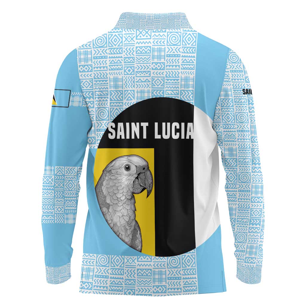 Saint Lucia Graphic Parrot Long Sleeve Polo Shirt with Tribal Pattern and Minimalist Blue Black Design - Wonder Print Shop