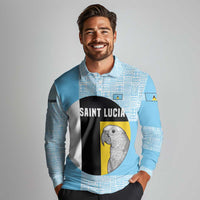 Saint Lucia Graphic Parrot Long Sleeve Polo Shirt with Tribal Pattern and Minimalist Blue Black Design - Wonder Print Shop