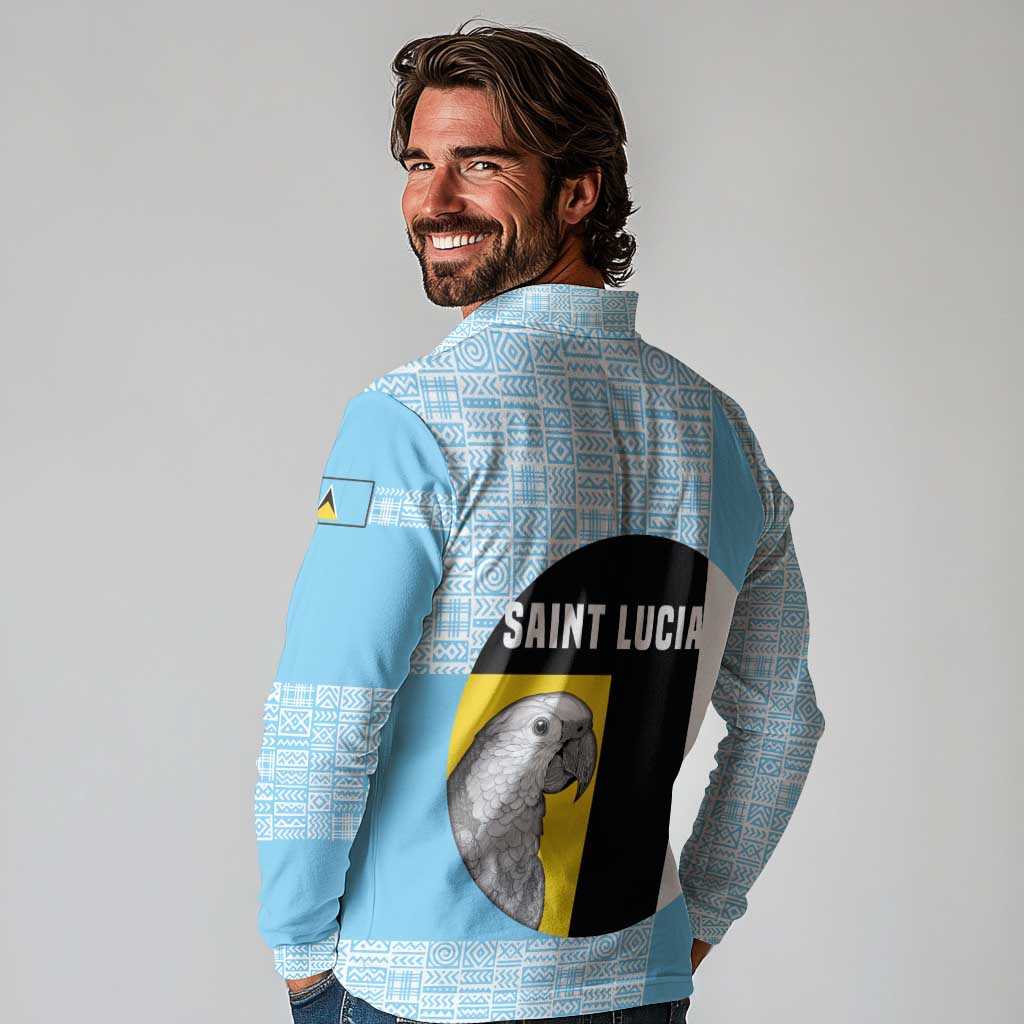 Saint Lucia Graphic Parrot Long Sleeve Polo Shirt with Tribal Pattern and Minimalist Blue Black Design - Wonder Print Shop