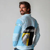 Saint Lucia Graphic Parrot Long Sleeve Polo Shirt with Tribal Pattern and Minimalist Blue Black Design - Wonder Print Shop