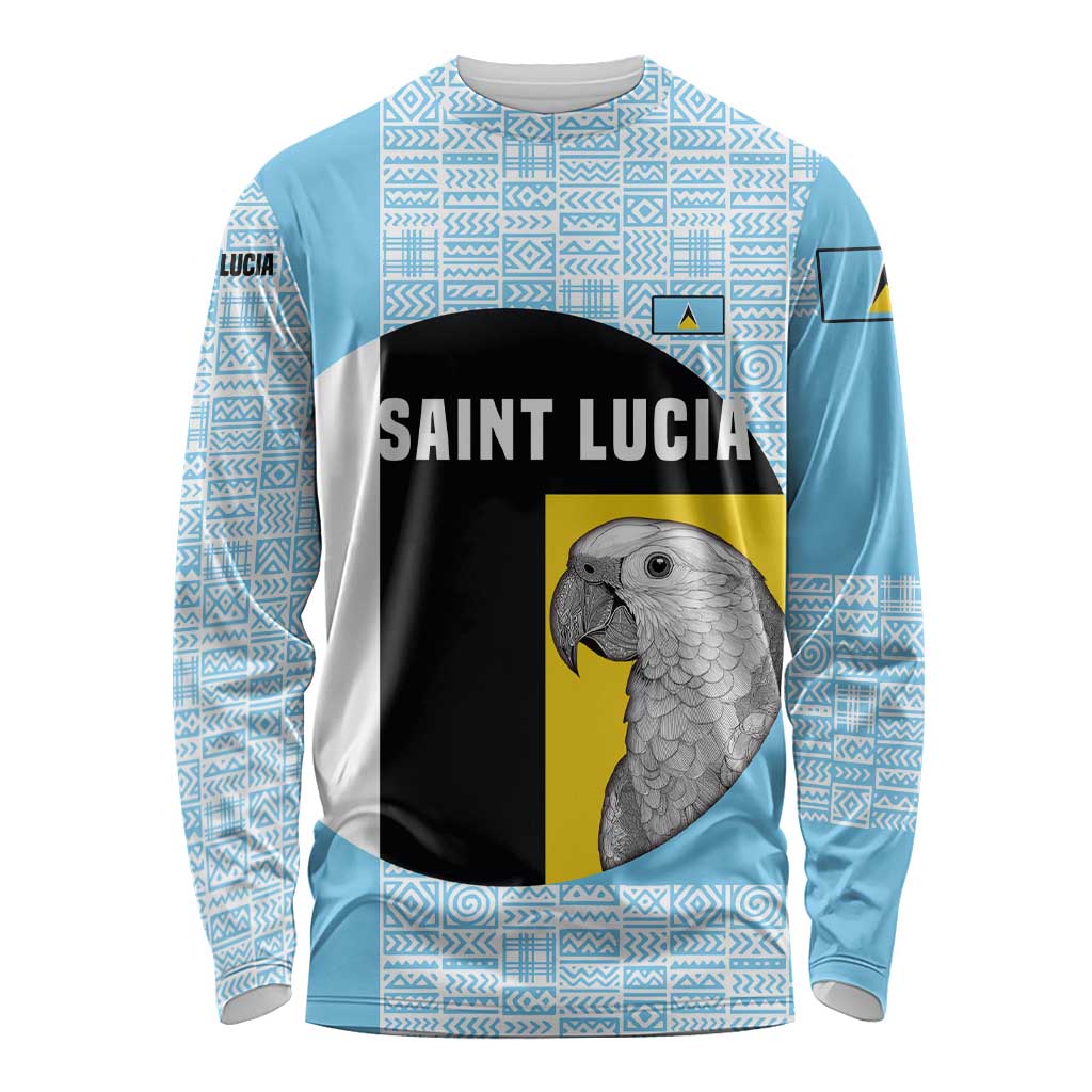 Saint Lucia Graphic Parrot Long Sleeve Shirt with Tribal Pattern and Minimalist Blue Black Design - Wonder Print Shop
