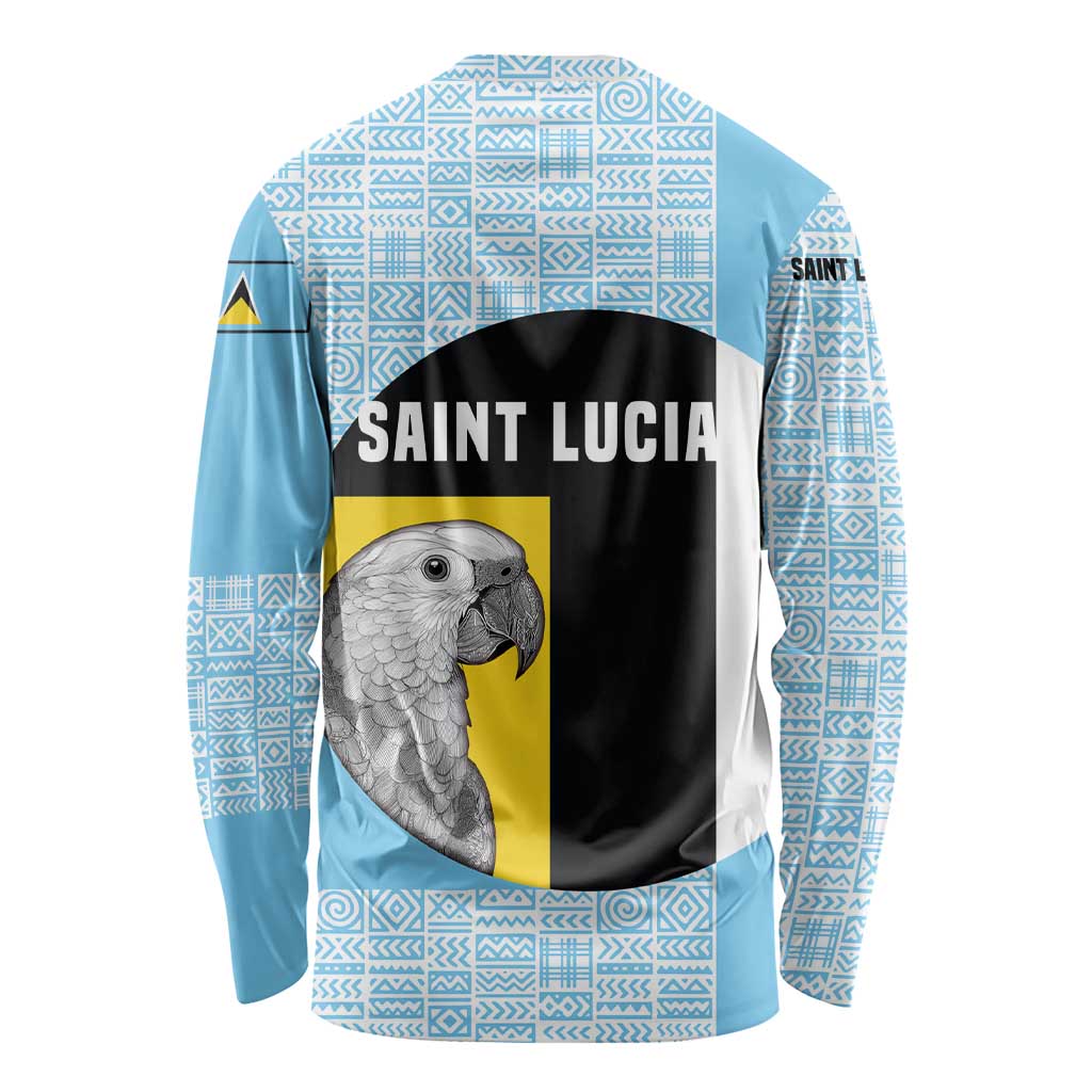 Saint Lucia Graphic Parrot Long Sleeve Shirt with Tribal Pattern and Minimalist Blue Black Design - Wonder Print Shop