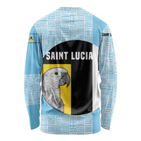 Saint Lucia Graphic Parrot Long Sleeve Shirt with Tribal Pattern and Minimalist Blue Black Design - Wonder Print Shop