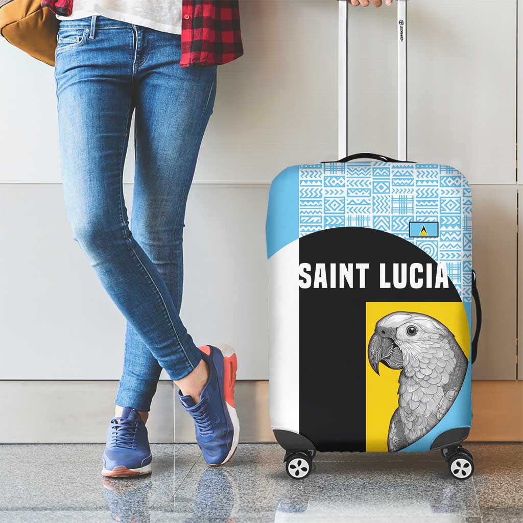 Saint Lucia Graphic Parrot Luggage Cover with Tribal Pattern and Minimalist Blue Black Design - Wonder Print Shop
