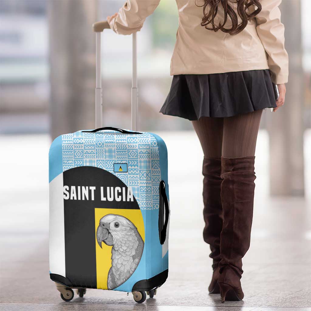 Saint Lucia Graphic Parrot Luggage Cover with Tribal Pattern and Minimalist Blue Black Design - Wonder Print Shop