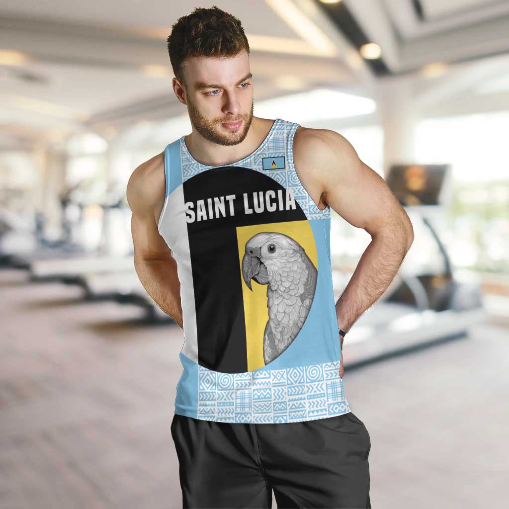 Saint Lucia Graphic Parrot Men Tank Top with Tribal Pattern and Minimalist Blue Black Design - Wonder Print Shop