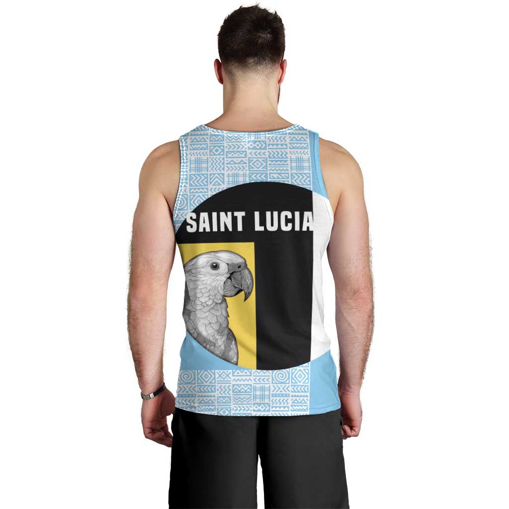 Saint Lucia Graphic Parrot Men Tank Top with Tribal Pattern and Minimalist Blue Black Design - Wonder Print Shop