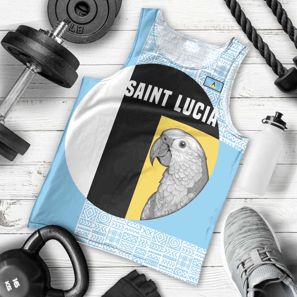 Saint Lucia Graphic Parrot Men Tank Top with Tribal Pattern and Minimalist Blue Black Design - Wonder Print Shop