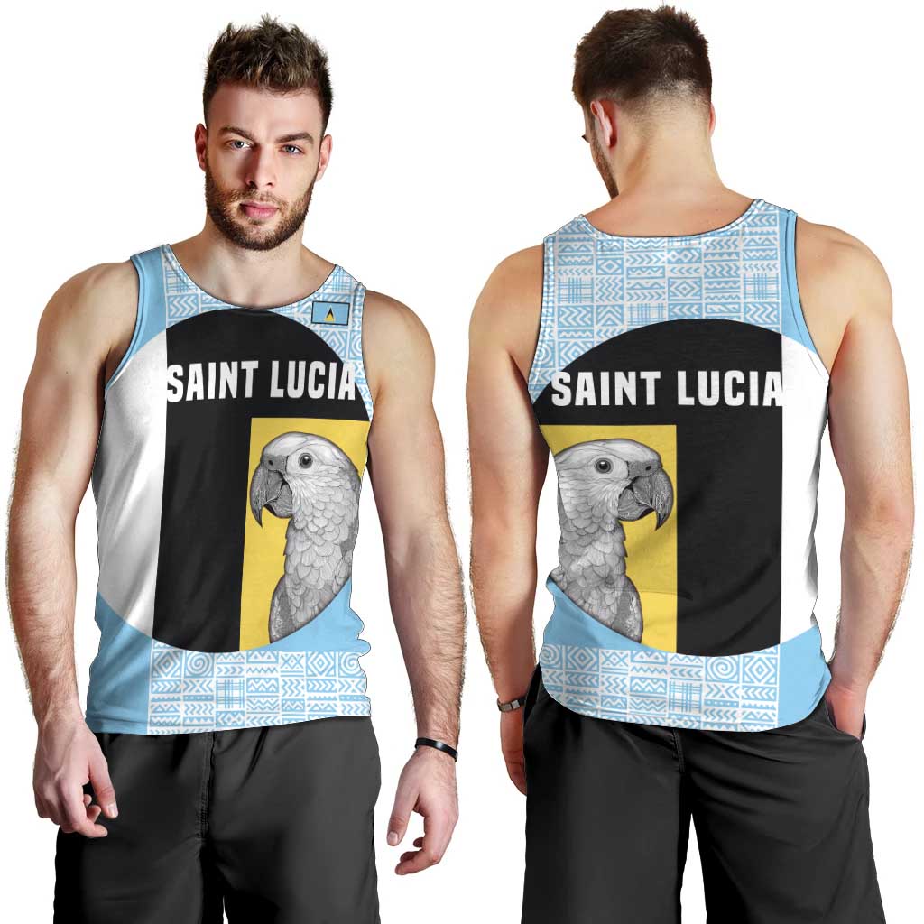 Saint Lucia Graphic Parrot Men Tank Top with Tribal Pattern and Minimalist Blue Black Design - Wonder Print Shop