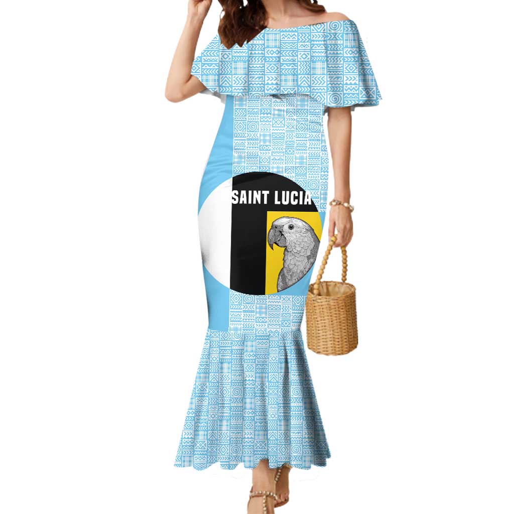 Saint Lucia Graphic Parrot Mermaid Dress with Tribal Pattern and Minimalist Blue Black Design - Wonder Print Shop