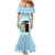 Saint Lucia Graphic Parrot Mermaid Dress with Tribal Pattern and Minimalist Blue Black Design - Wonder Print Shop