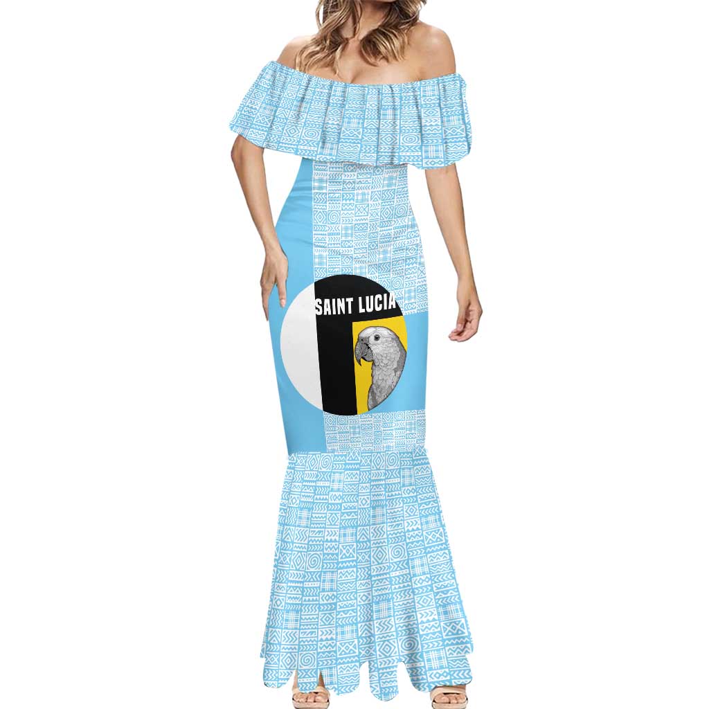 Saint Lucia Graphic Parrot Mermaid Dress with Tribal Pattern and Minimalist Blue Black Design - Wonder Print Shop