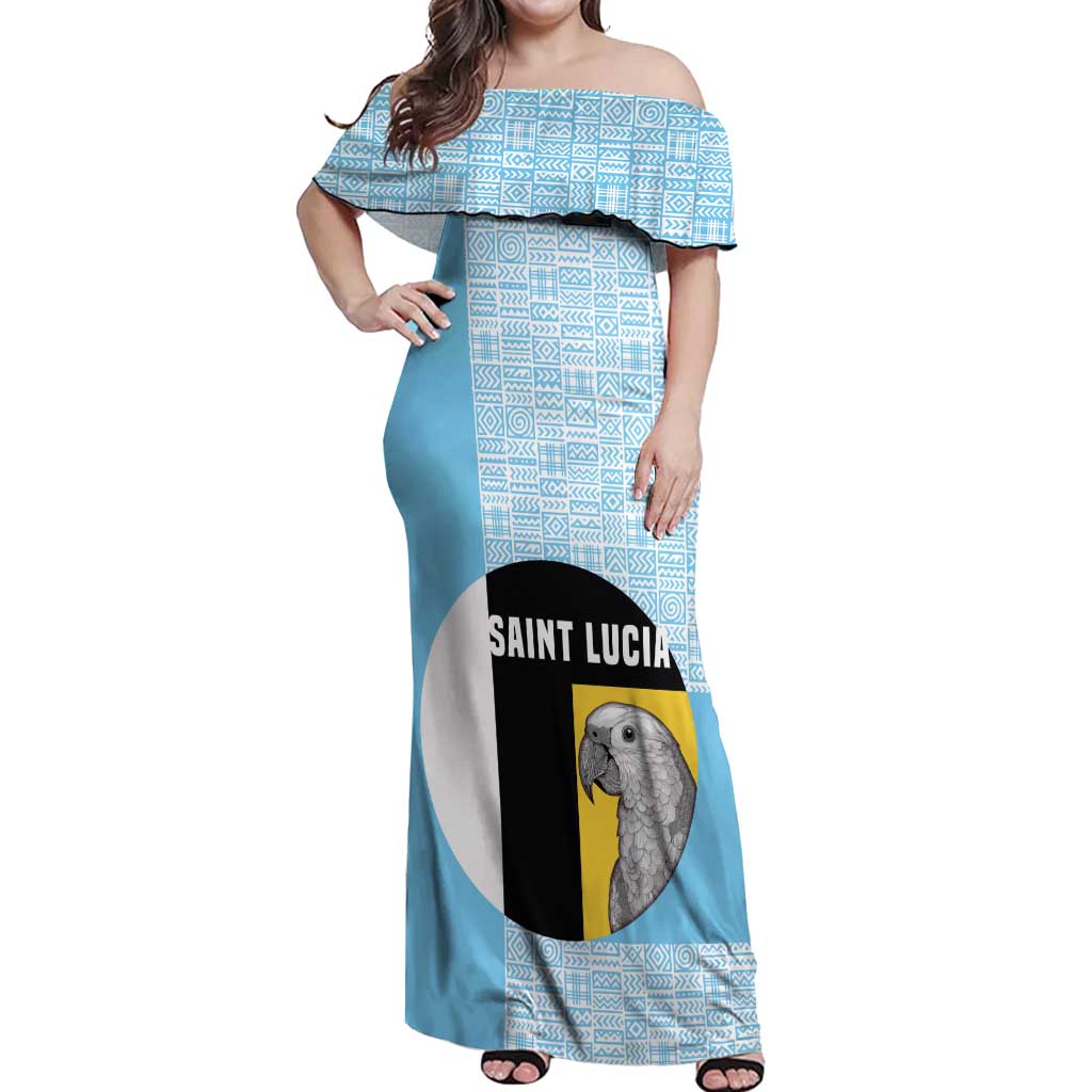 Saint Lucia Graphic Parrot Off Shoulder Maxi Dress with Tribal Pattern and Minimalist Blue Black Design - Wonder Print Shop