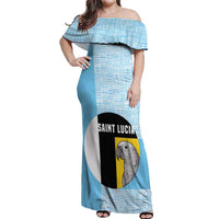 Saint Lucia Graphic Parrot Off Shoulder Maxi Dress with Tribal Pattern and Minimalist Blue Black Design - Wonder Print Shop