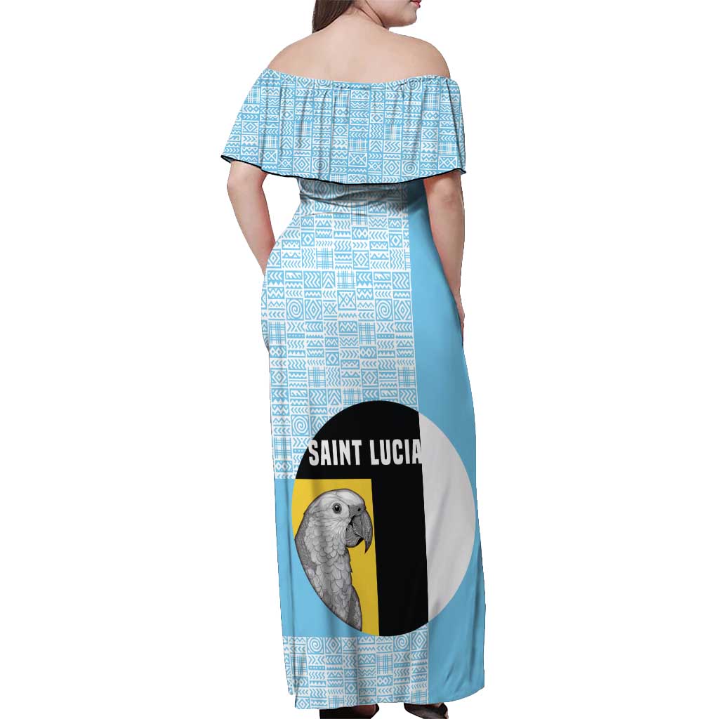 Saint Lucia Graphic Parrot Off Shoulder Maxi Dress with Tribal Pattern and Minimalist Blue Black Design - Wonder Print Shop