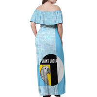 Saint Lucia Graphic Parrot Off Shoulder Maxi Dress with Tribal Pattern and Minimalist Blue Black Design - Wonder Print Shop