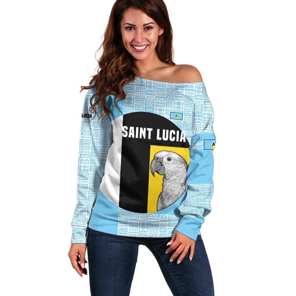 Saint Lucia Graphic Parrot Off Shoulder Sweater with Tribal Pattern and Minimalist Blue Black Design - Wonder Print Shop