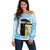 Saint Lucia Graphic Parrot Off Shoulder Sweater with Tribal Pattern and Minimalist Blue Black Design - Wonder Print Shop