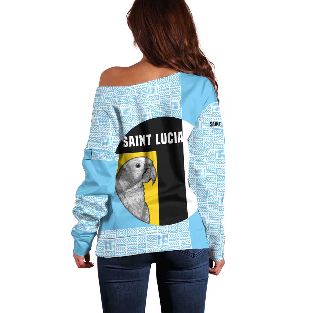 Saint Lucia Graphic Parrot Off Shoulder Sweater with Tribal Pattern and Minimalist Blue Black Design - Wonder Print Shop