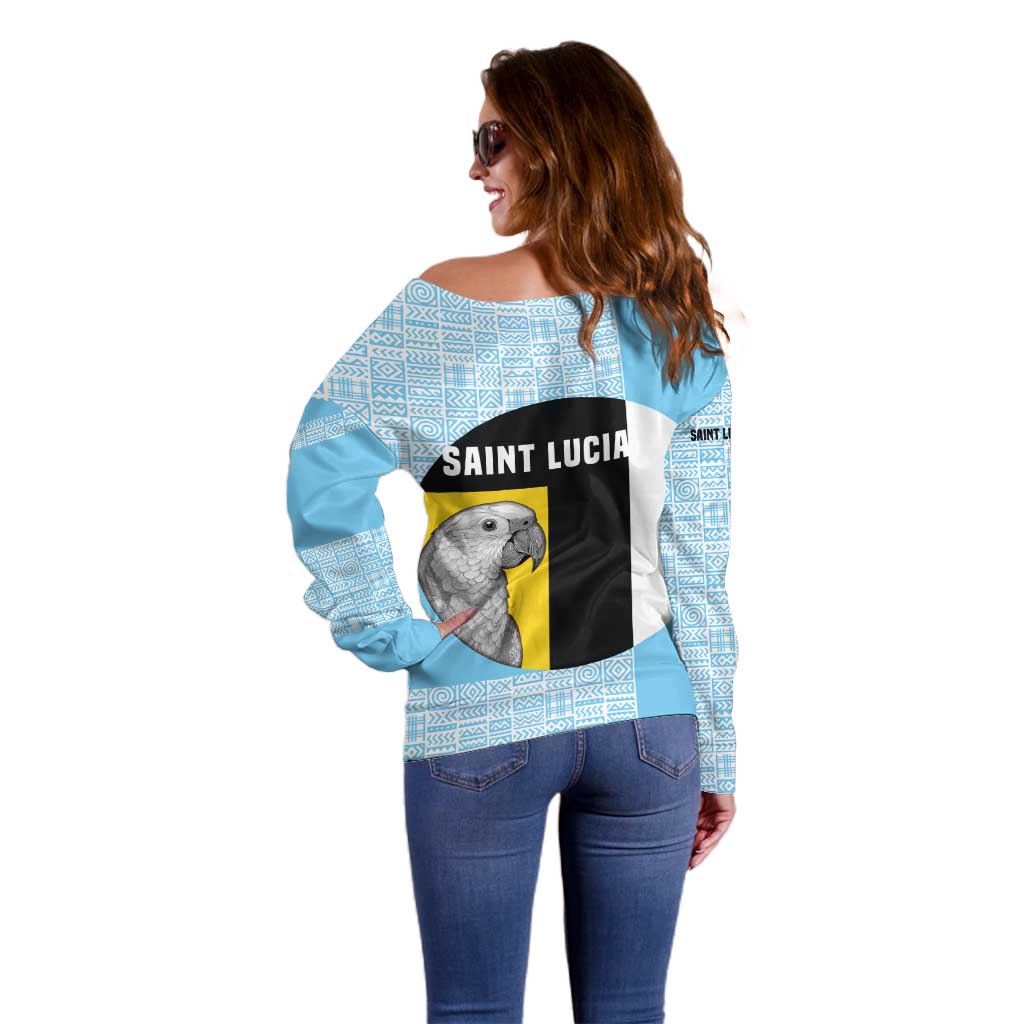 Saint Lucia Graphic Parrot Off Shoulder Sweater with Tribal Pattern and Minimalist Blue Black Design - Wonder Print Shop