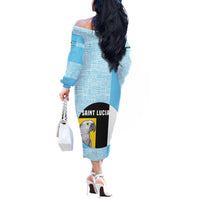 Saint Lucia Graphic Parrot Off The Shoulder Long Sleeve Dress with Tribal Pattern and Minimalist Blue Black Design - Wonder Print Shop